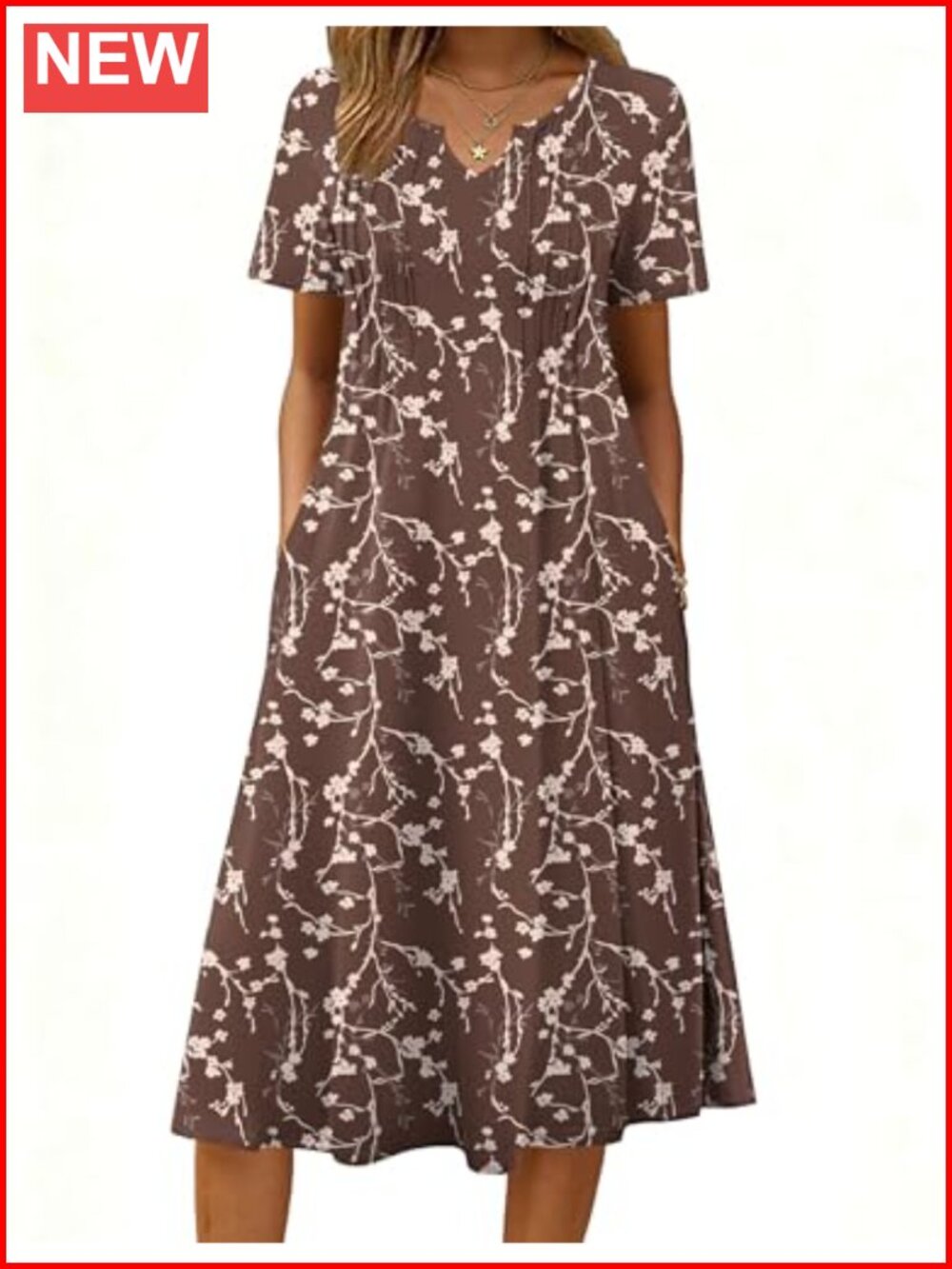 Casual Short Sleeve Midi Dress with Pockets Flowy Pleated Summer Sundress